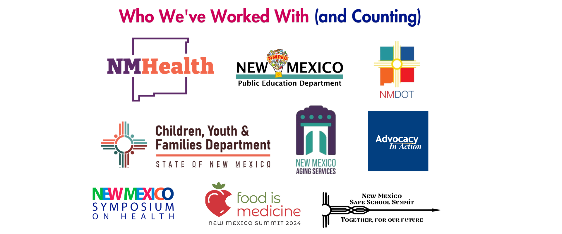 Who We’ve Worked With (and Counting)’ featuring logos of New Mexico government agencies, health organizations, advocacy groups, and community initiatives.”